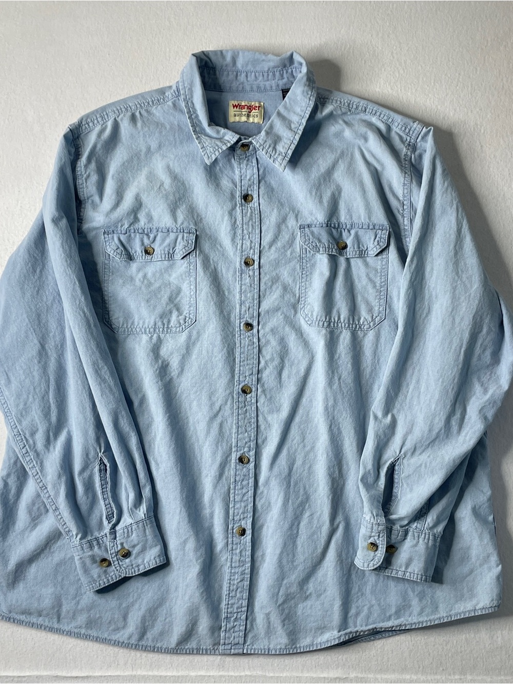 Wrangler Chambray Shirt Mens 2XL Light Blue Denim Western Button Up Outdoor Work